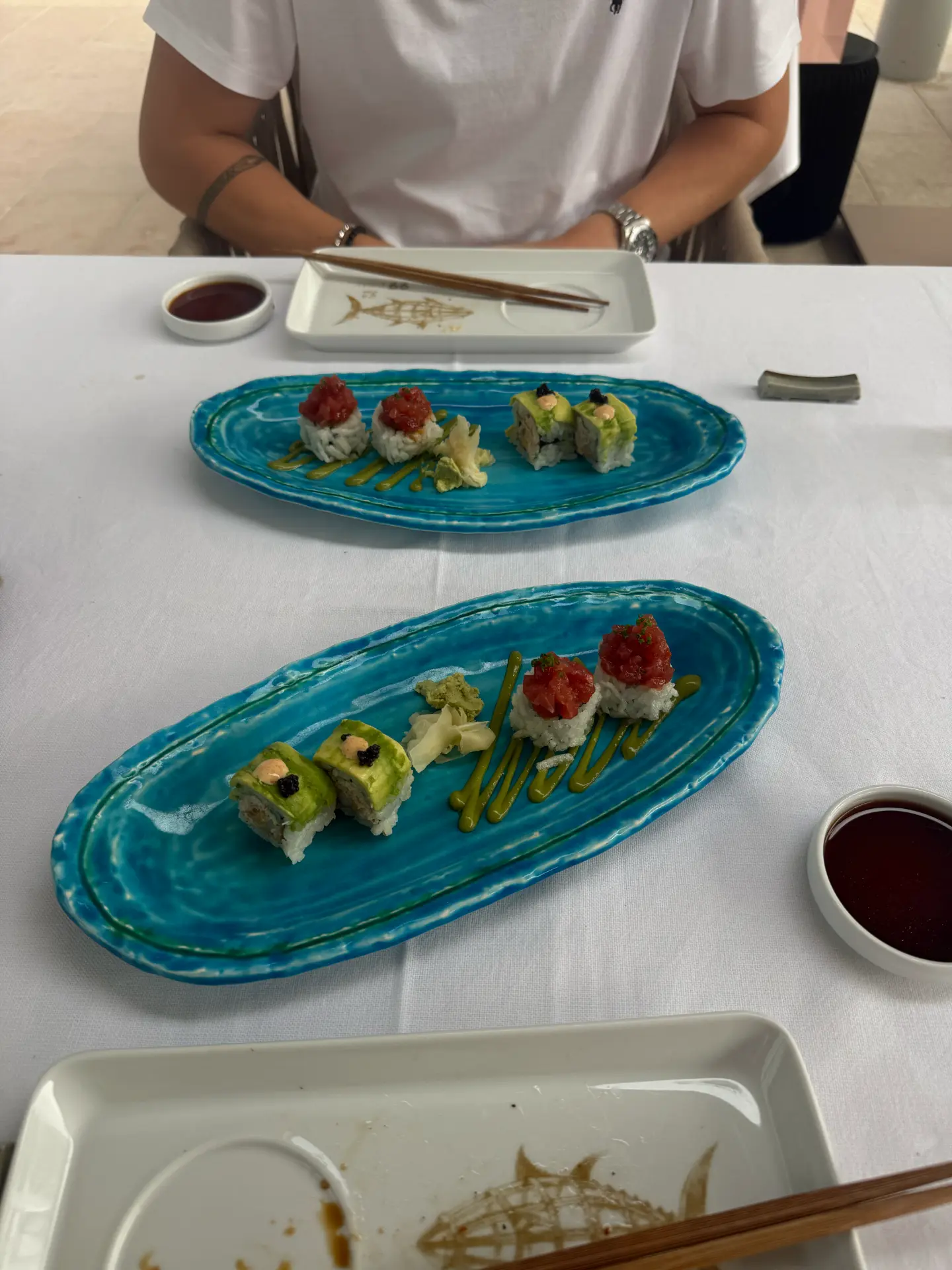 Signature sushi rolls with tuna and avocado served on turquoise ceramic plates at 99 Sushi Bar, Monte Carlo